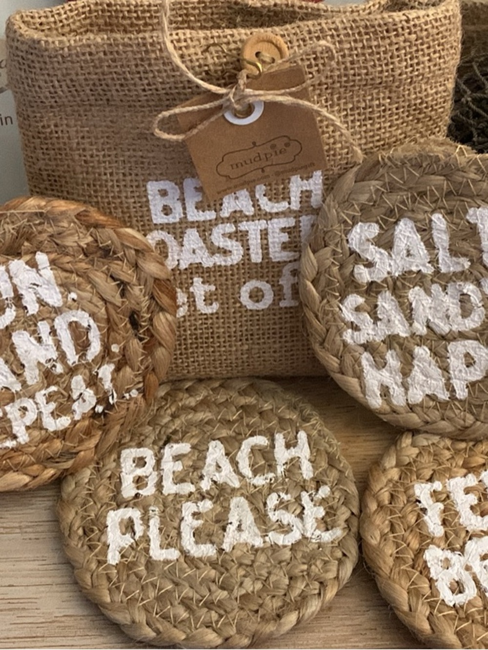 Mud Pie Natural Jute Coaster Set with White Lettering